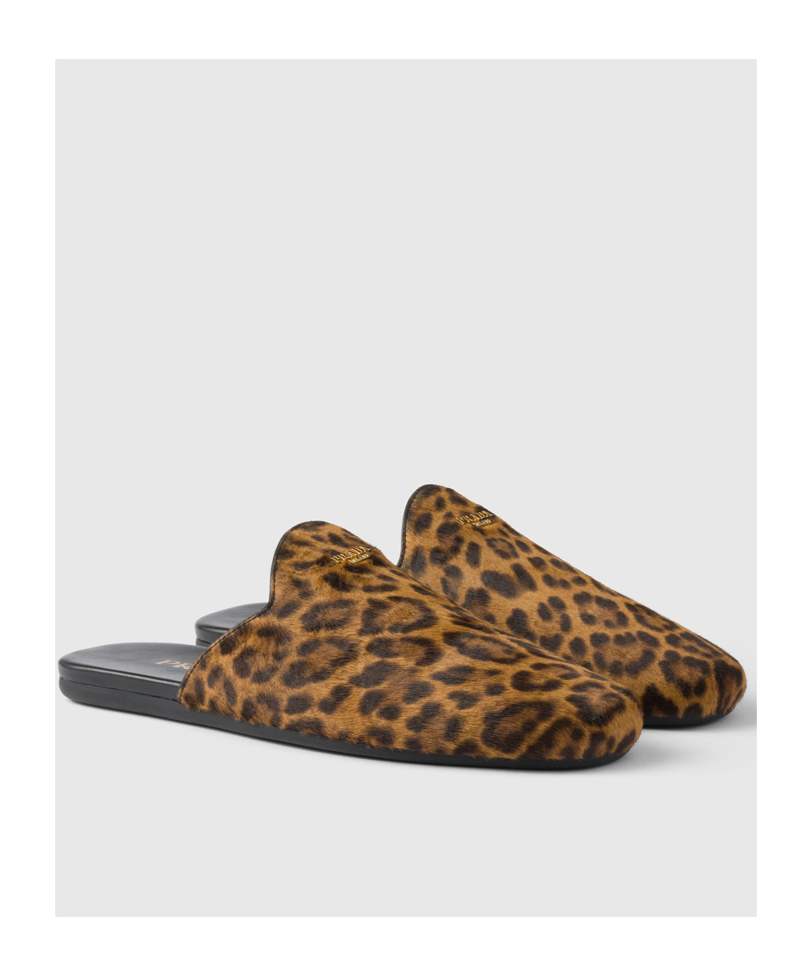 Prada Leopard Calf Hair Flat Mules In Honey-colored