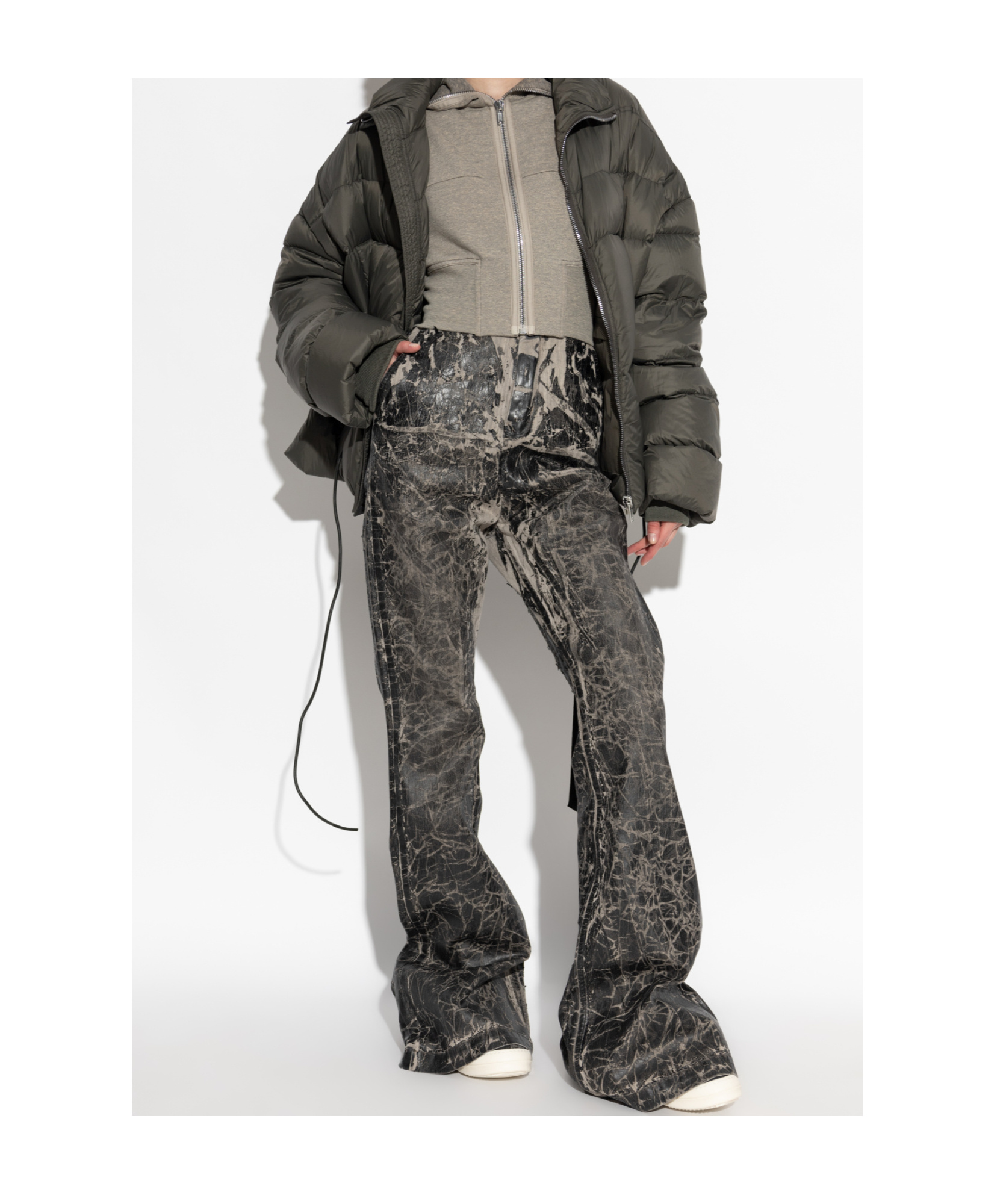 Rick Owens Drkshdw Crackle-effect Flared Trousers In Gray