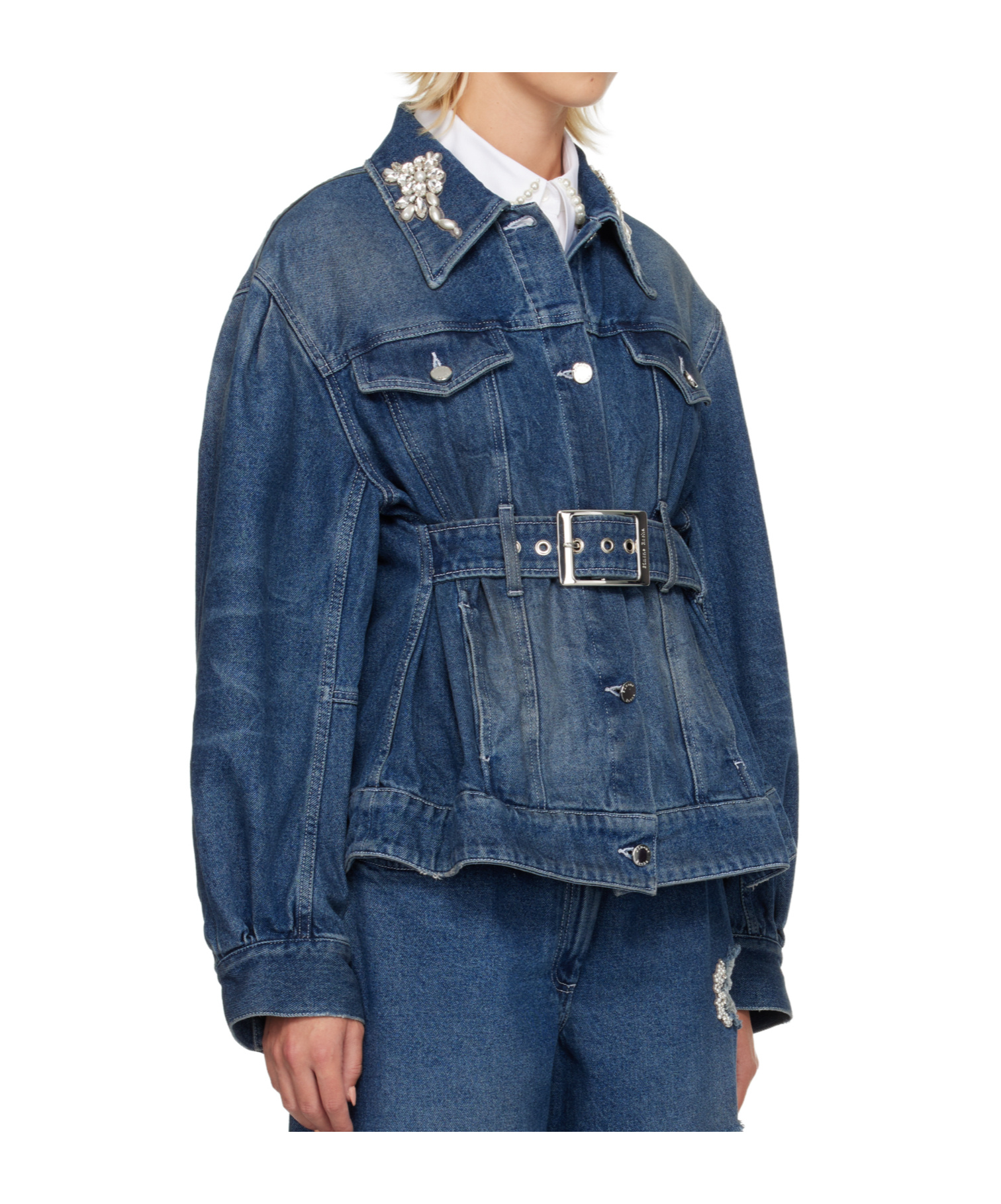 Simone Rocha Blue Turbo Embellished Sculpted Belt Detail Denim Jacket