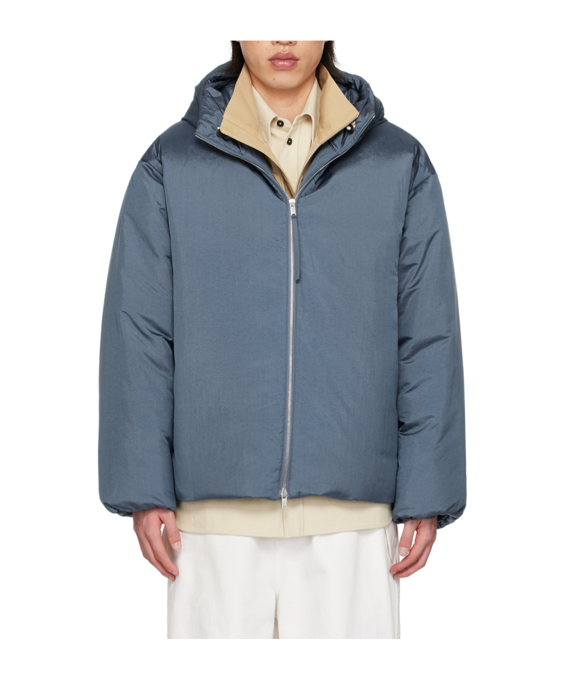 Jil Sander Blue Hooded Down Jacket In Gray