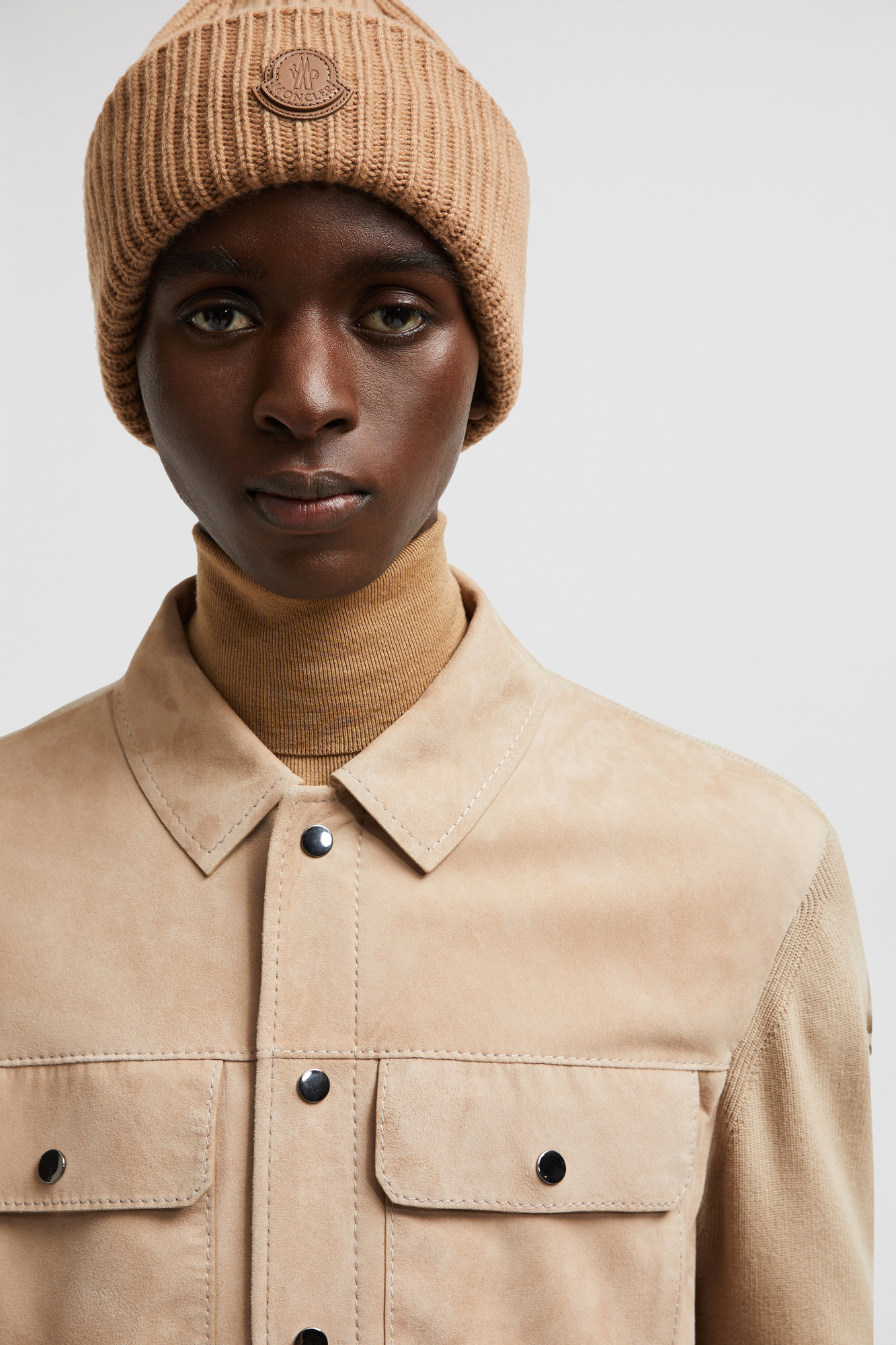 Moncler Knitted Cotton & Suede Cardigan Jacket In Nude
