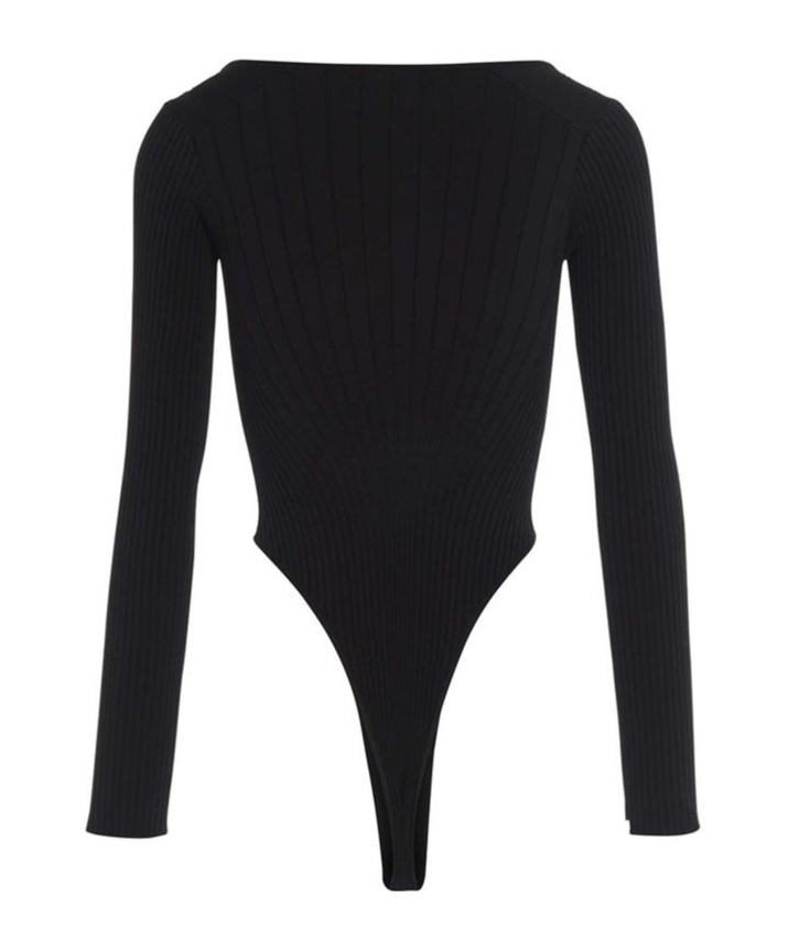 Mugler Logo-plaque Ribbed Bodysuit In Black