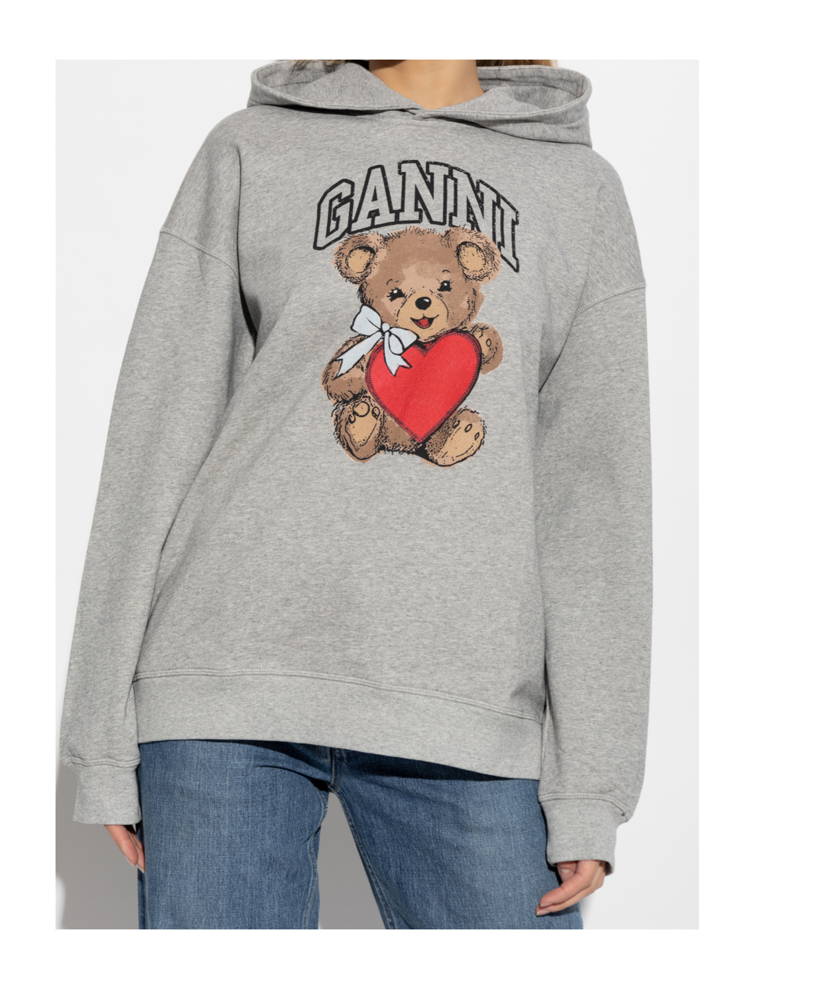 Ganni Bear Print Hooded Sweatshirt In Gray