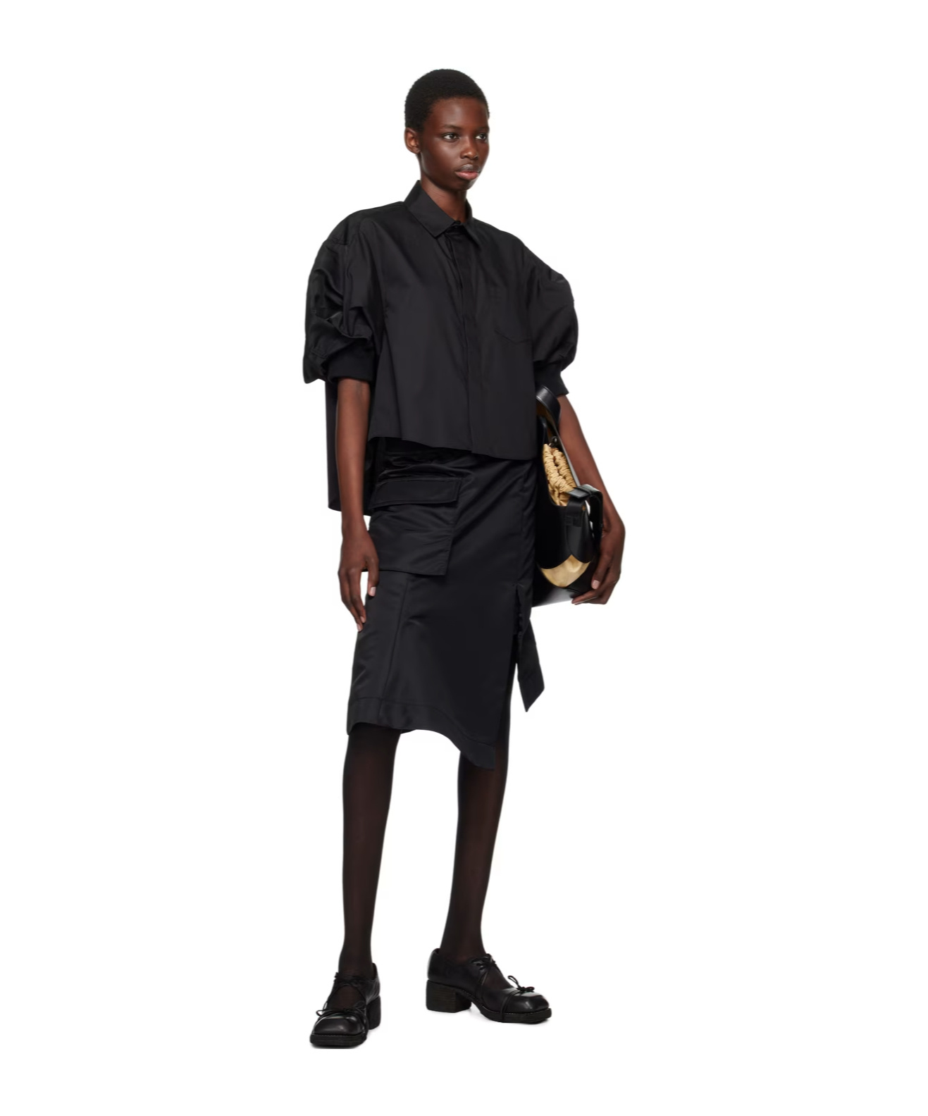 Sacai Mixed Media Three-quarter Sleeve Gabardine Jacket In Black