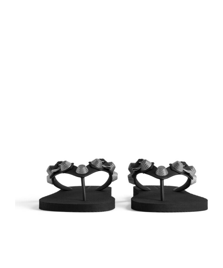 Balenciaga 'cagole' Black Rhinestoned Thong Sandals With Buckle On The Front In Tech Fabric Woman In Black