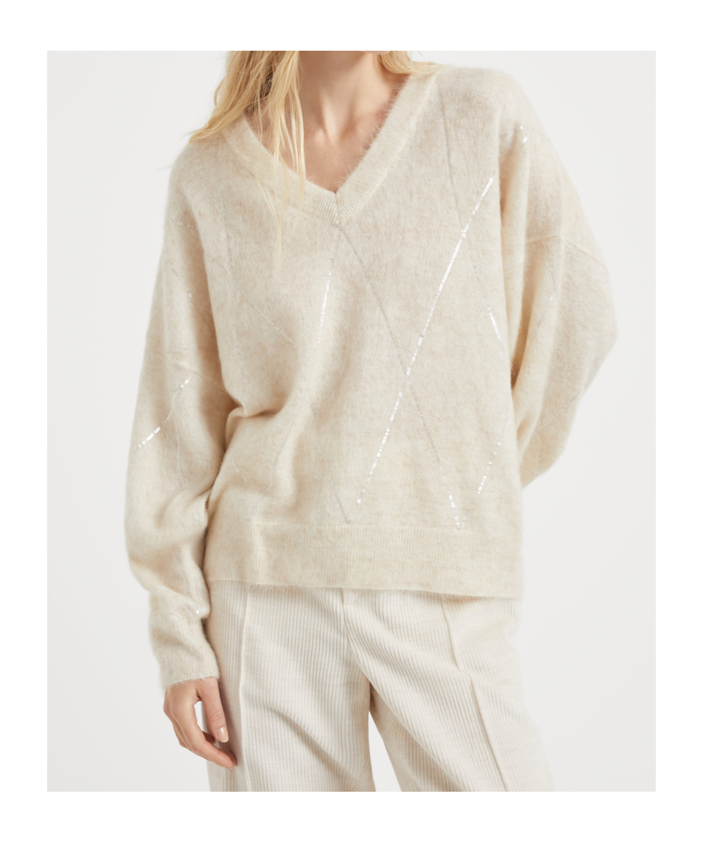 Brunello Cucinelli Mohair-blend Argyle Embroidery Sweater In Nude