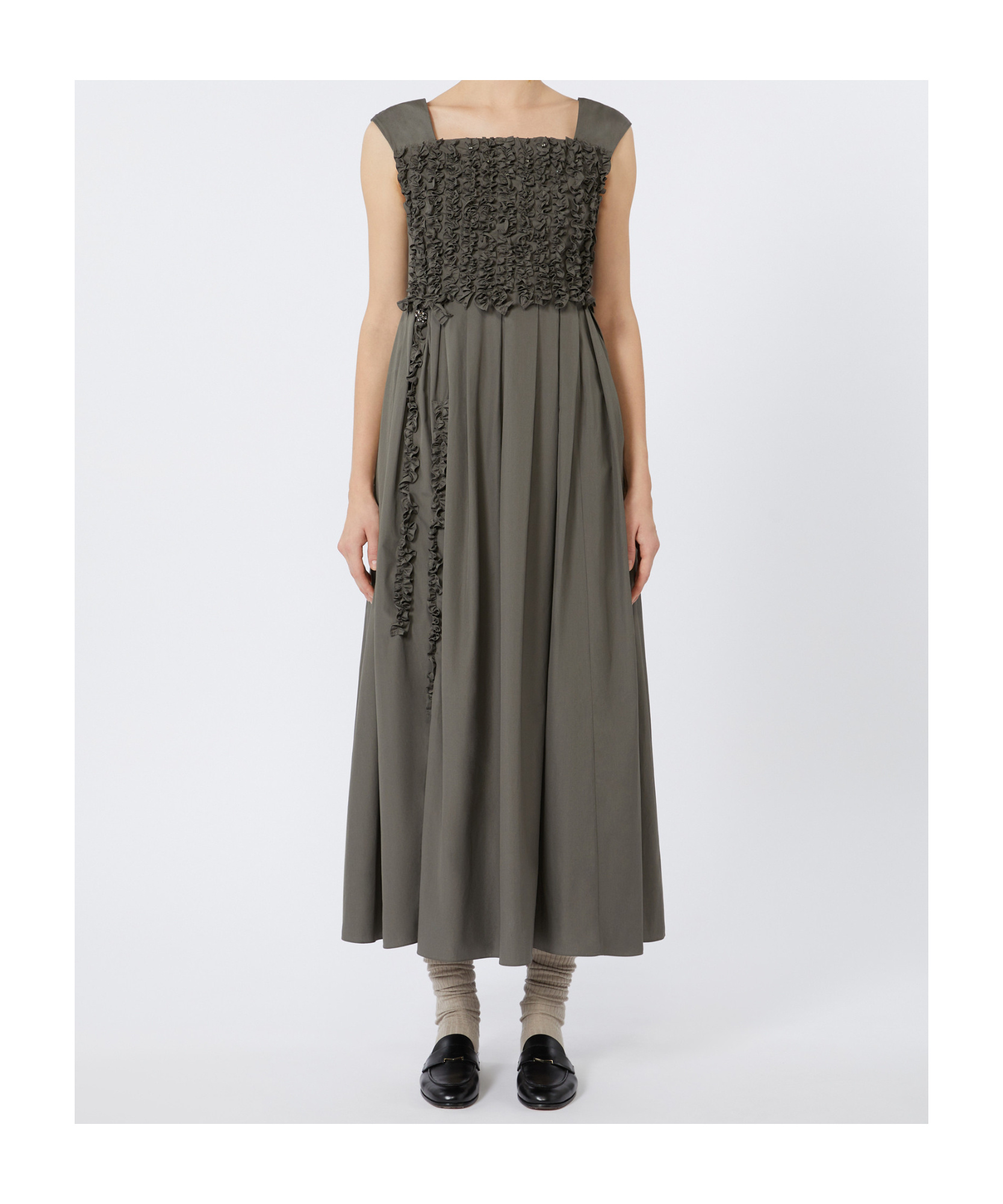 Max Mara Long Pleated Poplin Dress In Gray