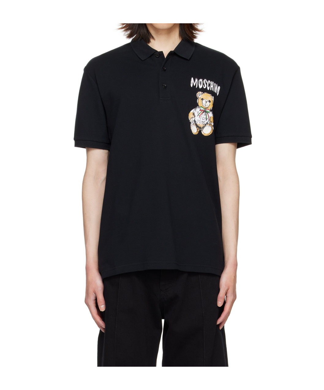 Moschino Drawn Teddy Bear Logo Polo Shirt In Black