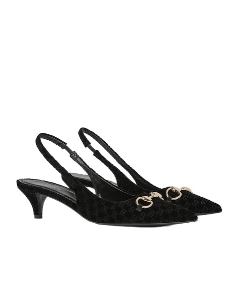Gucci Women Black Gg Velvet Horsebit Slingback Pumps In Black