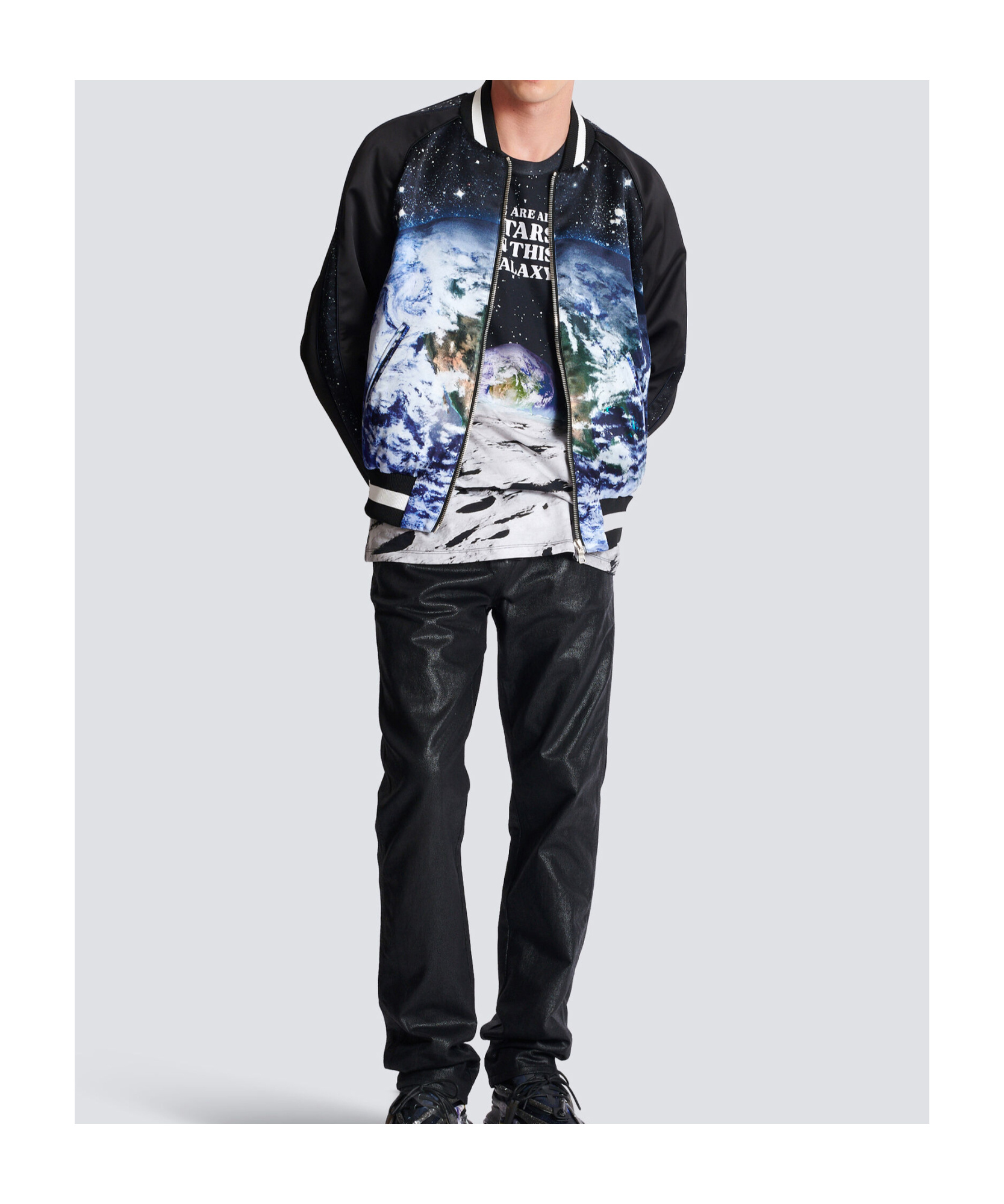 Balmain Logo Planet Zip-up Bomber Jacket In Black