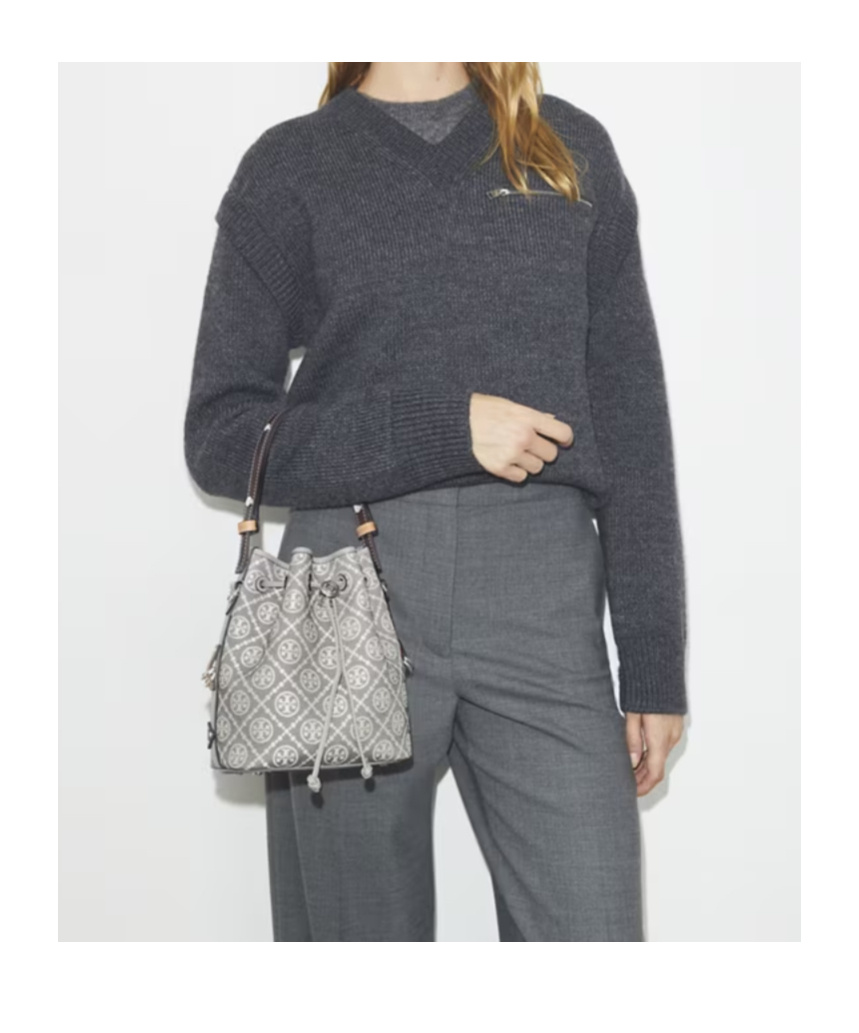 Tory Burch Mini T Monogram Jacquard Utility Bucket Bag In Gray