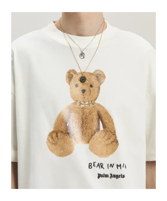 Palm Angels Bear In Mind White T-shirt With Bear Print And Logo Lettering On The Front In Cotton Man In White