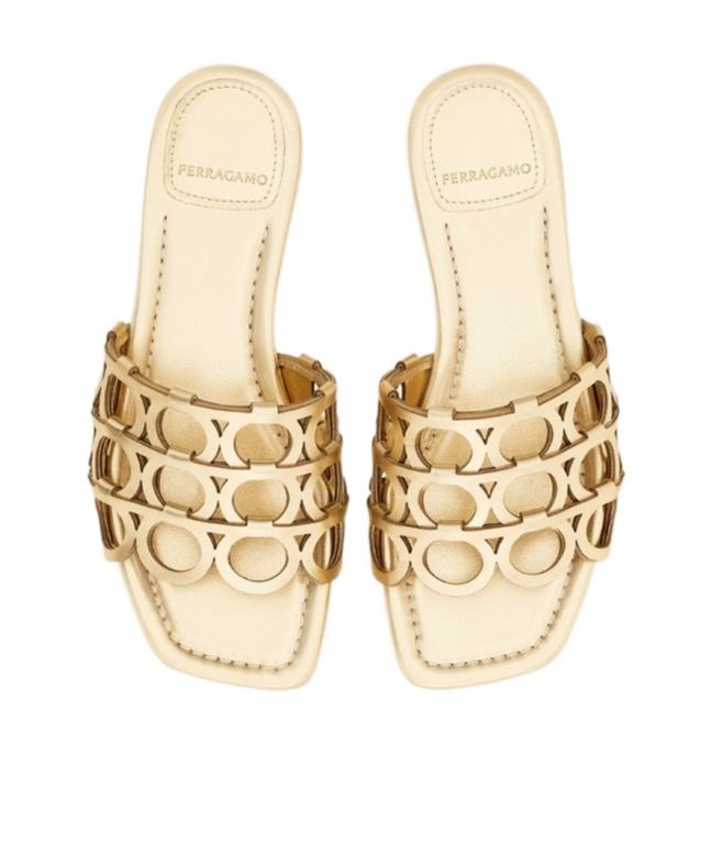 Ferragamo Erne Gancini Leather Slides In Gold