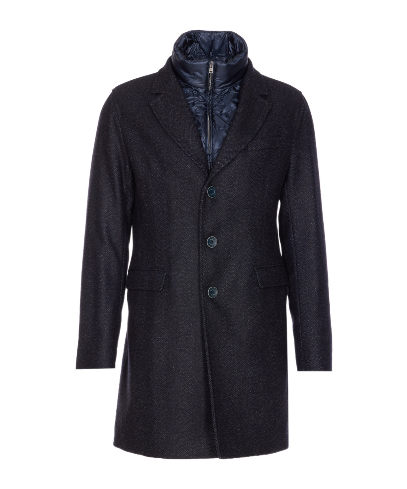 Herno Wool Blend Herringbone Topcoat With Removable Insulated Bib In Blue