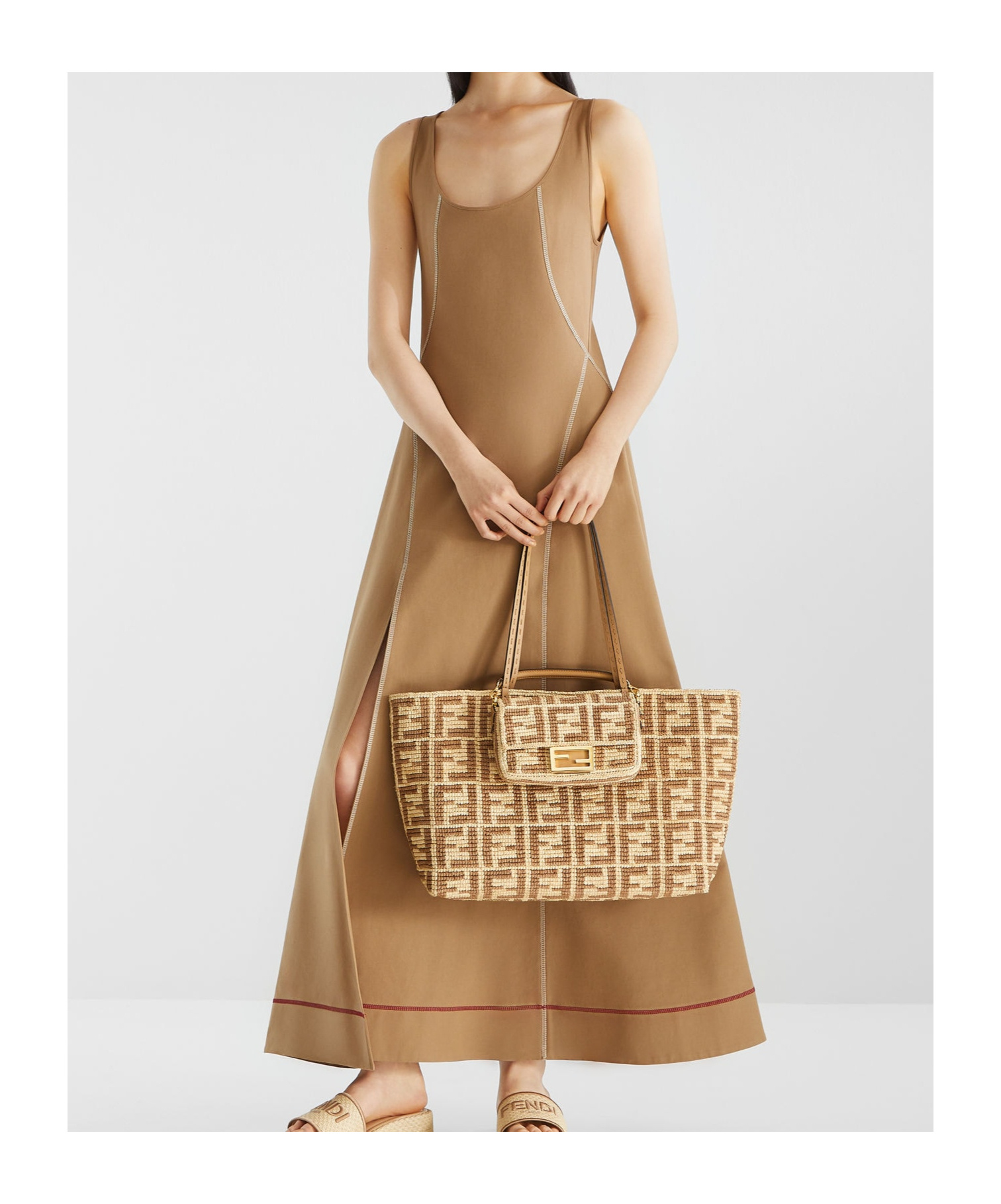 Fendi Stitched Maxi Dress Scoop Neckline In Brown