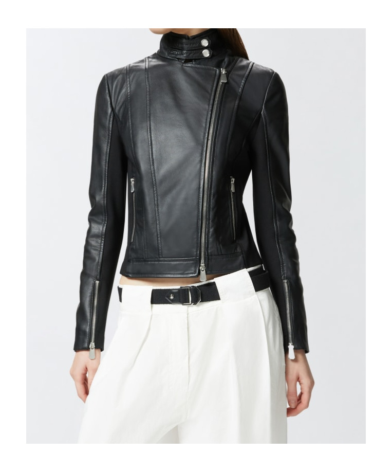 Pinko Blouson De Motard En Cuir Avec Dos En Tissu In Black
