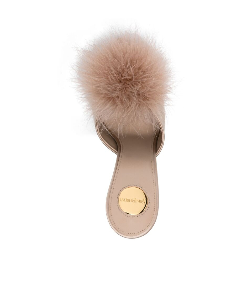 Saint Laurent Goldie Feather-trimmed Satin Mules In Nude