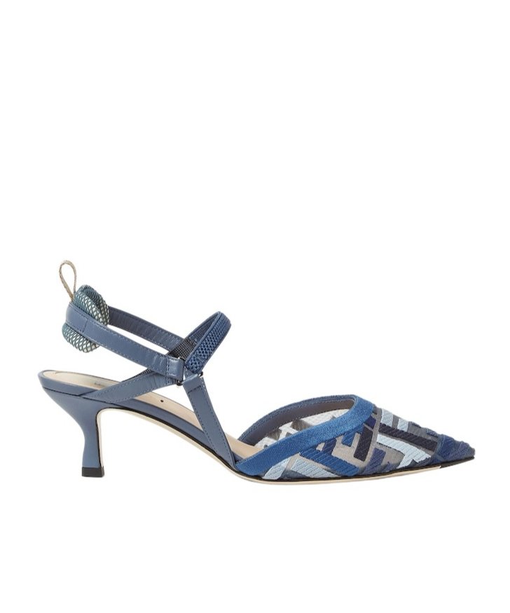 Fendi Blue Mesh Medium-heeled Slingbacks With Ff Embroidery