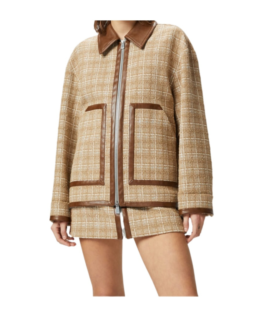 Pinko Tweed Blouson Jacket With Leatherette Details And Zip In Brown