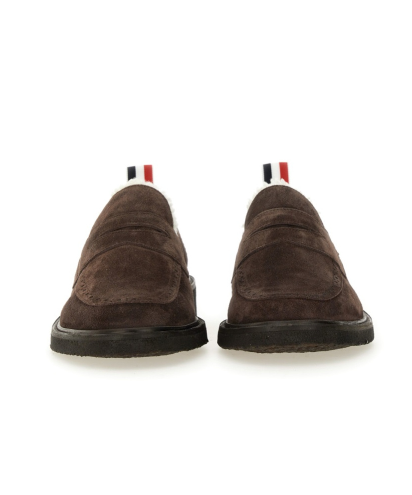Thom Browne Dark Brown Suede Loafers With Shearling Lining And Tricolor Detail In Black