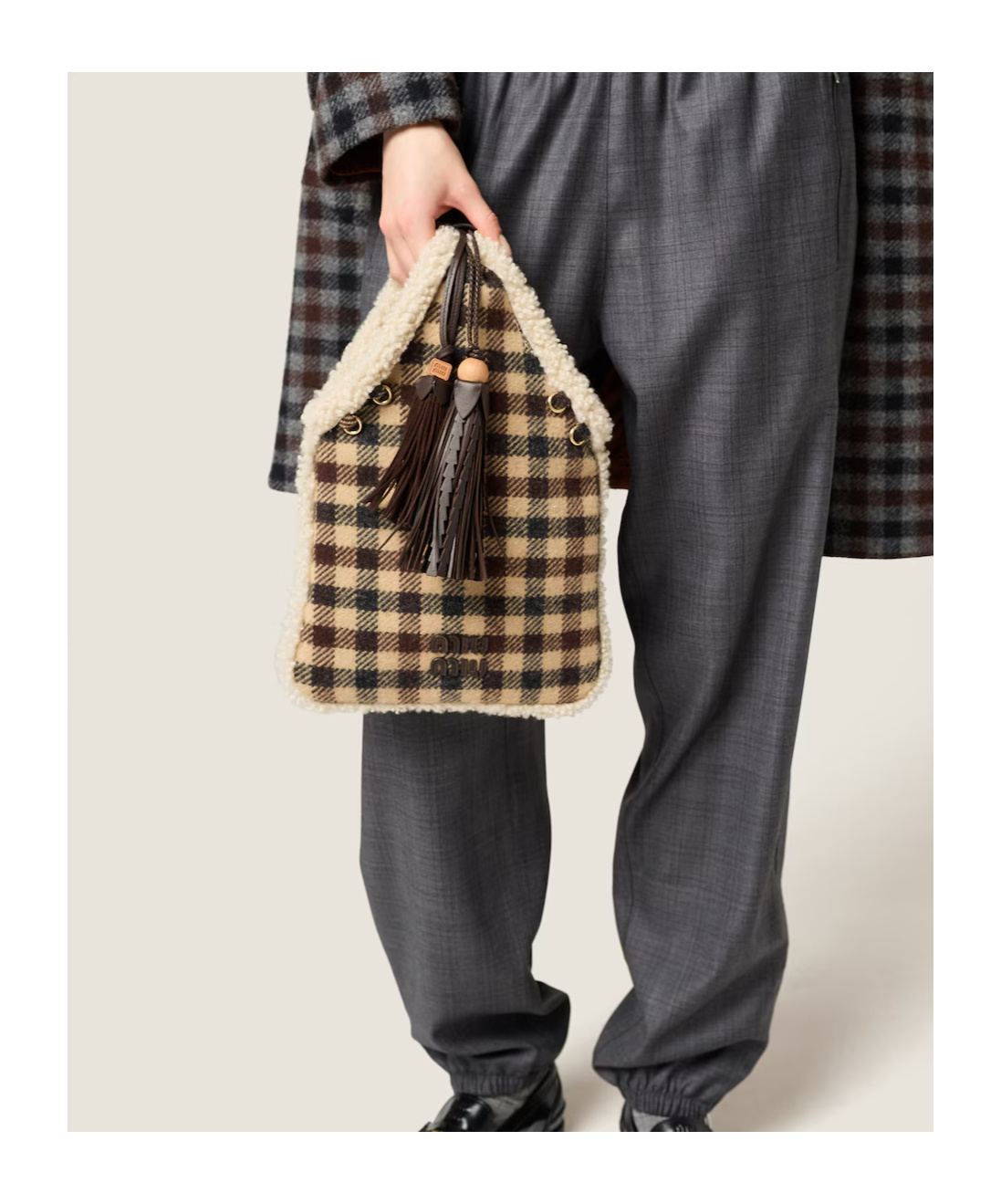 Miu Miu Checkered Fabric Handbag Dual Handles In Multi