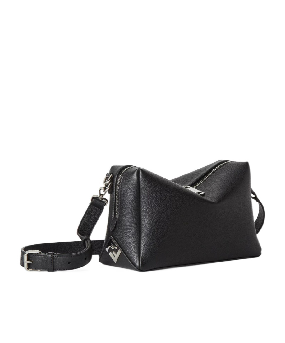 Fendi Medium Shoulder Bag Adjustable Strap Metal Hardware Textured Finish In Black