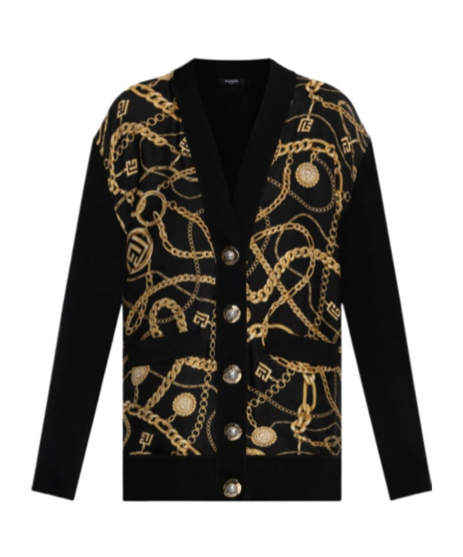 Balmain Chain Print Silk And Wool Cardigan In Black