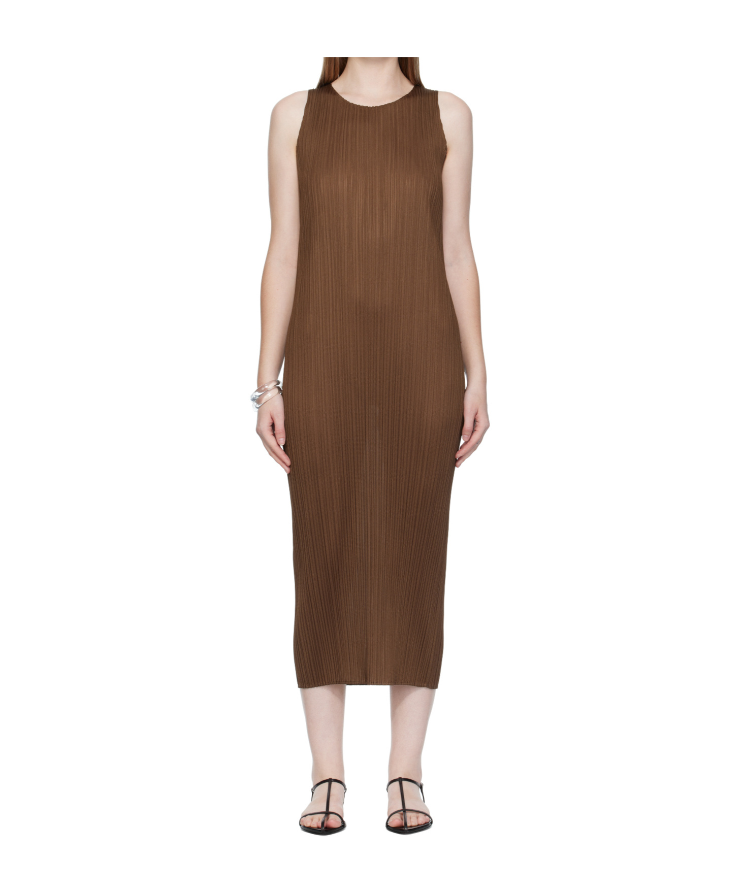 Issey Miyake Pleated Midi Dress In Brown