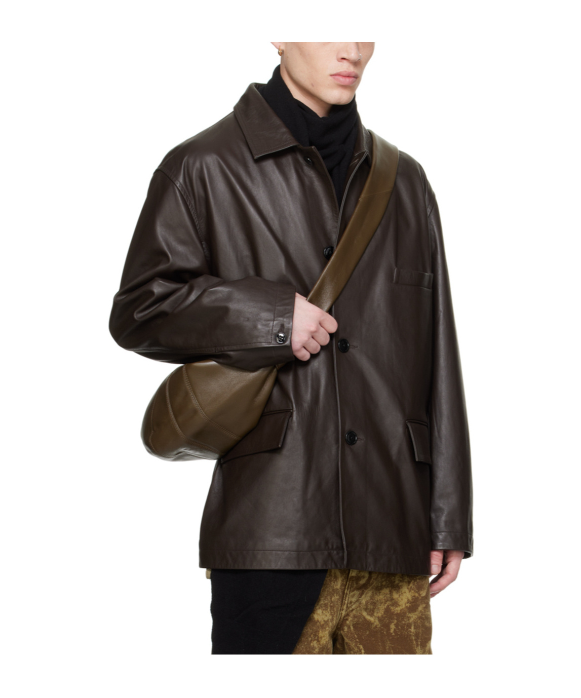 Lemaire Brown Spread Collar Leather Jacket In Black