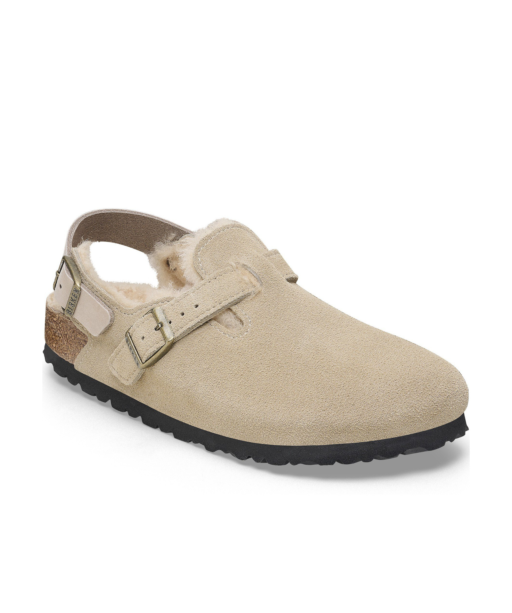 Birkenstock Tokio Shearling Buckled Suede Clogs In Nude
