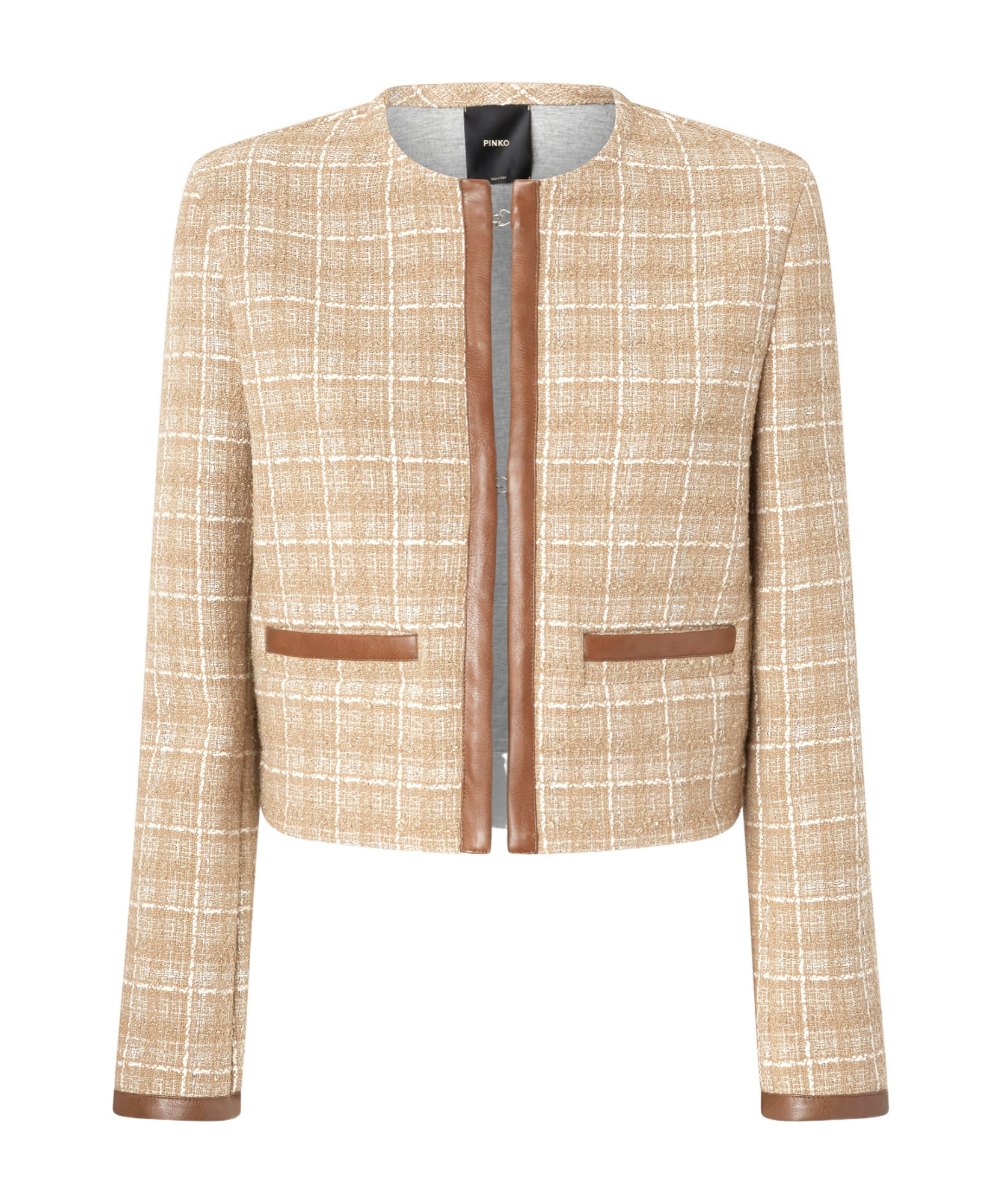 Pinko Small Open Jacket In Tweed And Imitation Leather In Nude