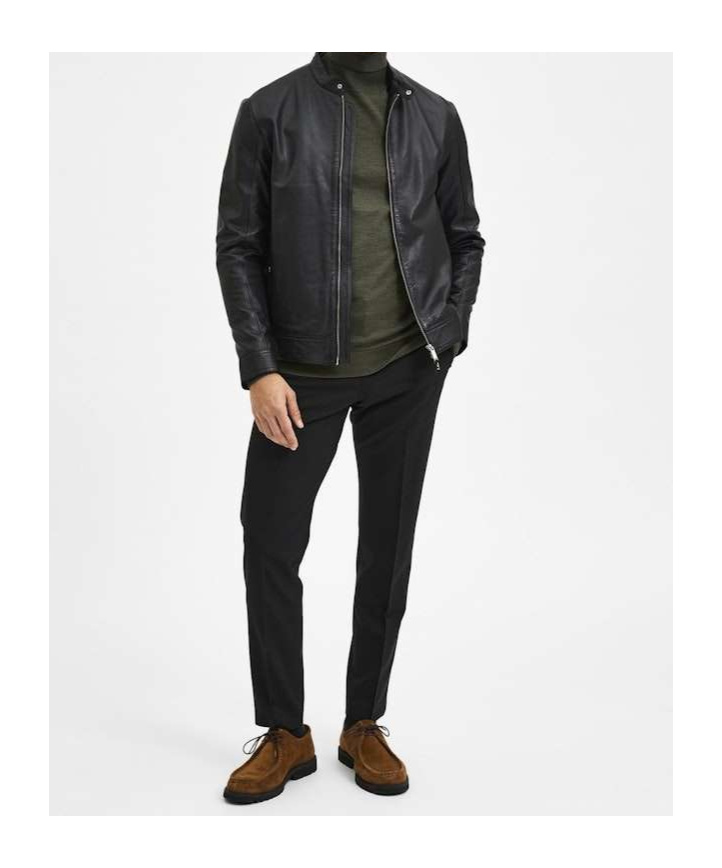 Selected Zippered Long-sleeved Leather Jacket In Animal Print