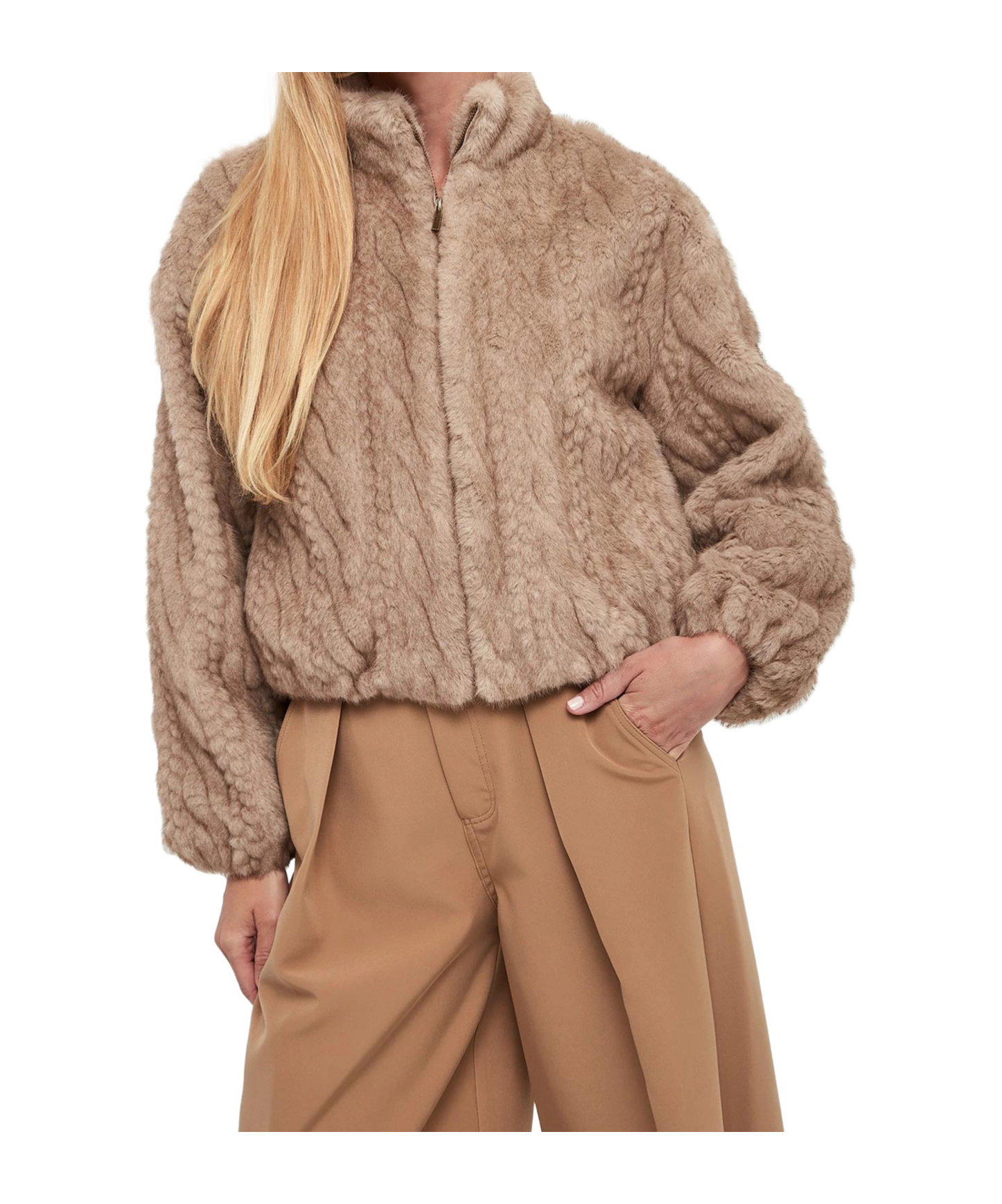 Ermanno Firenze Cable-knit Faux-fur Jacket In Brown