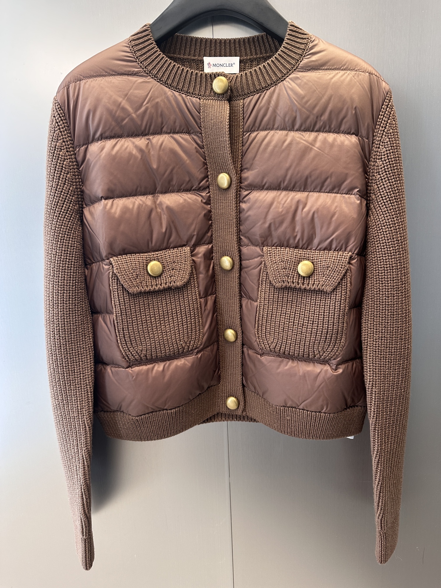 Moncler Round Neck Long Sleeve Cotton Coat In Brown