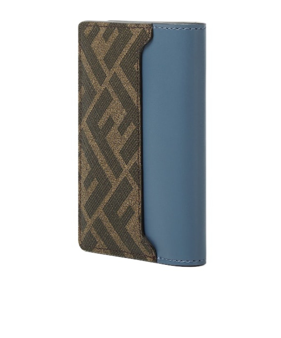 Fendi Brown Leather And Black Ff Canvas Card Holder In Blue