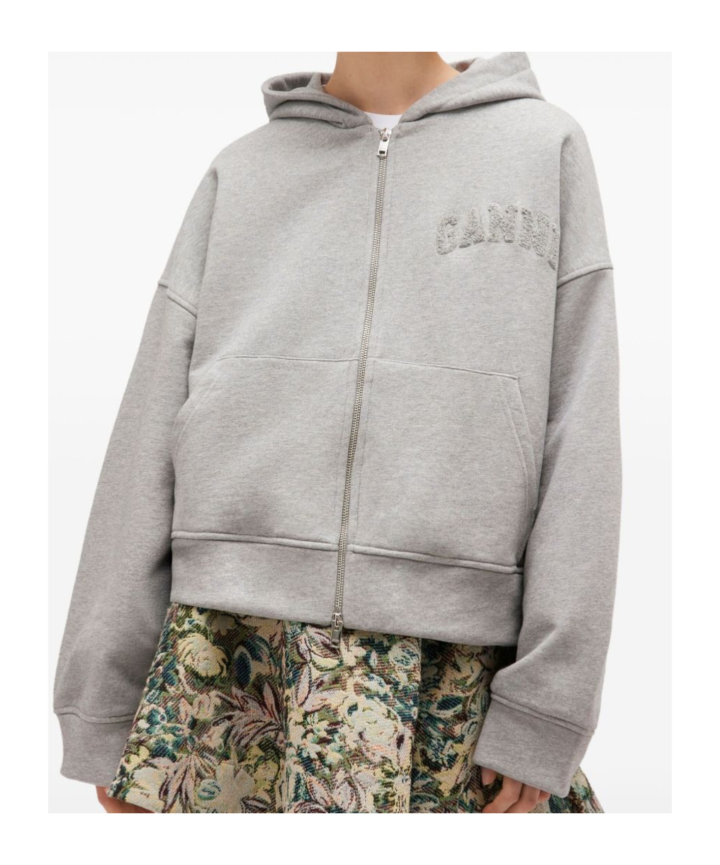 Ganni Cotton Zip-up Hoodie Featuring Pockets In Gray