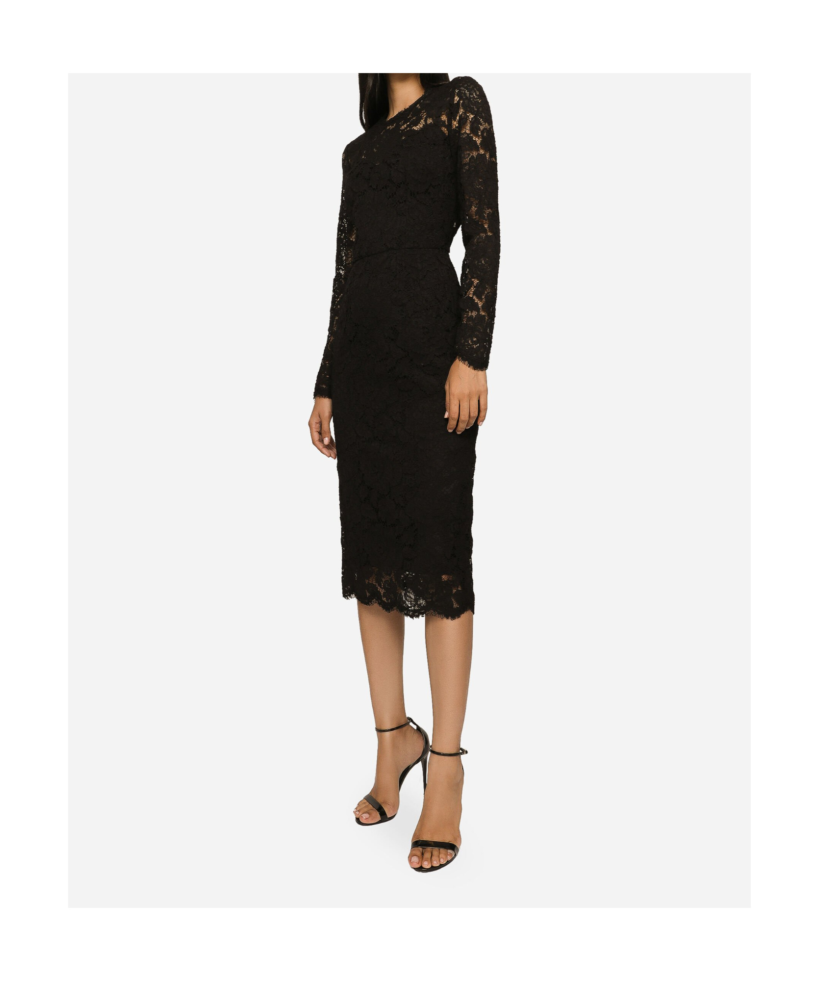Dolce & Gabbana Long-sleeved Calf-length Dress In Branded Stretch Lace In Black