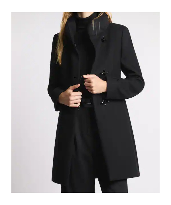 Fay Structured Black Coat With Stand-up Collar And Toggle Closures In Black