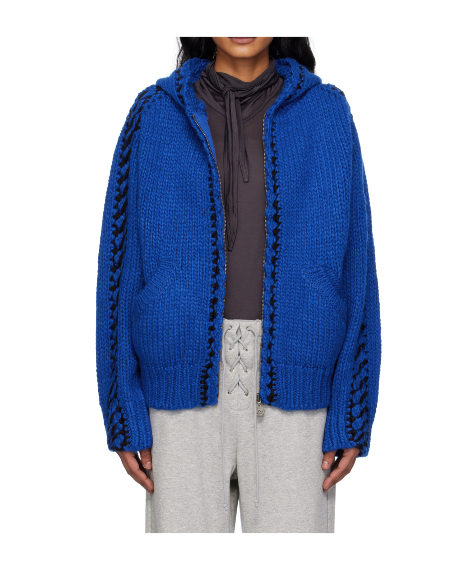 Open Yy Stitch Zip-up Knit Hoodie In Blue