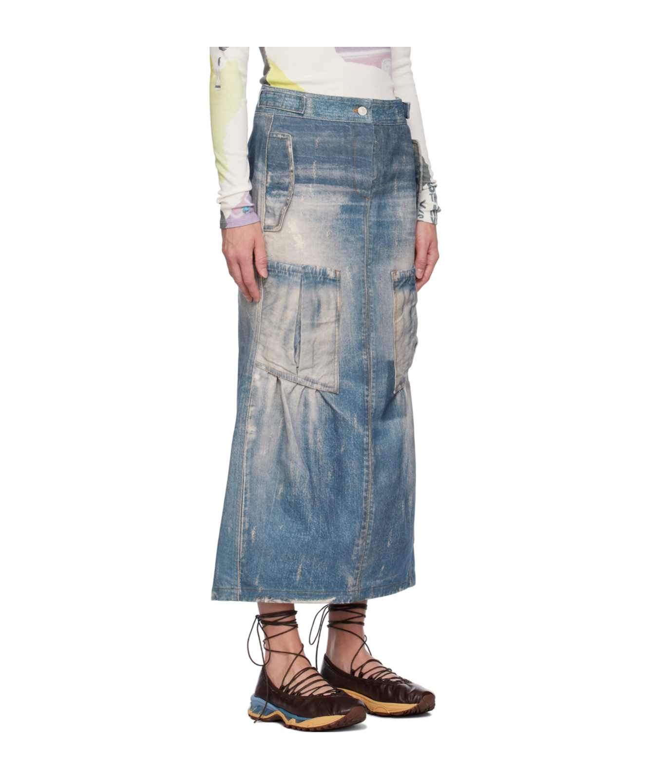 Open Yy Blue Jean Effect Denim Maxi Skirt In Blue
