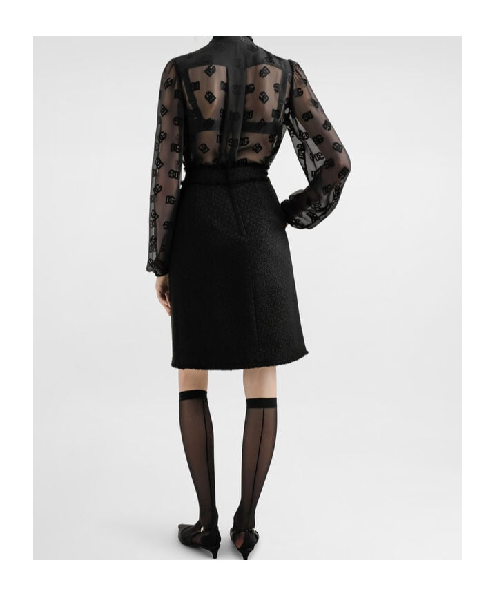 Dolce & Gabbana Raschel Tweed Midi Skirt With Central Slit And Dg Logo In Black