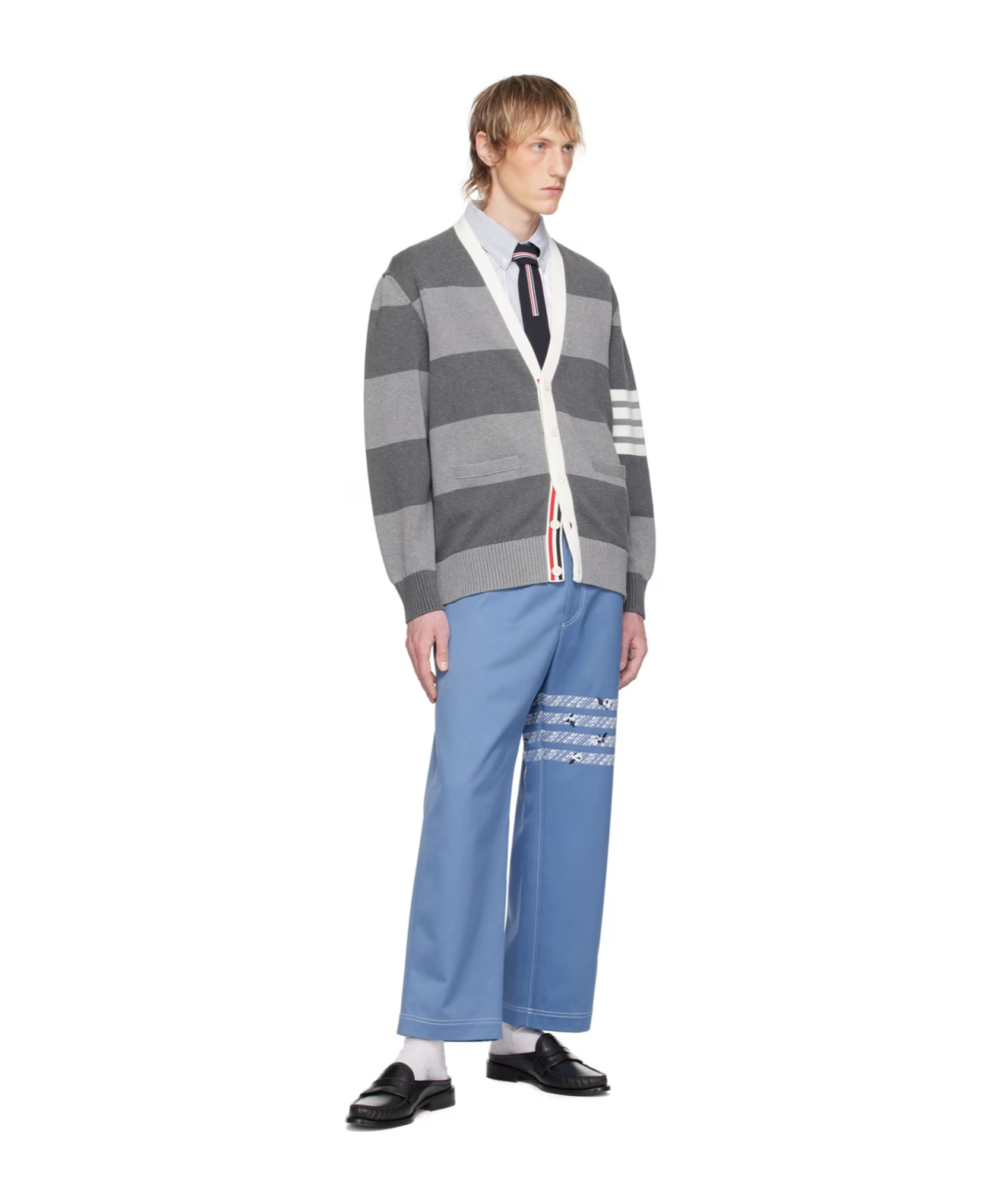 Thom Browne Patterned-intarsia Striped Cardigan In Gray