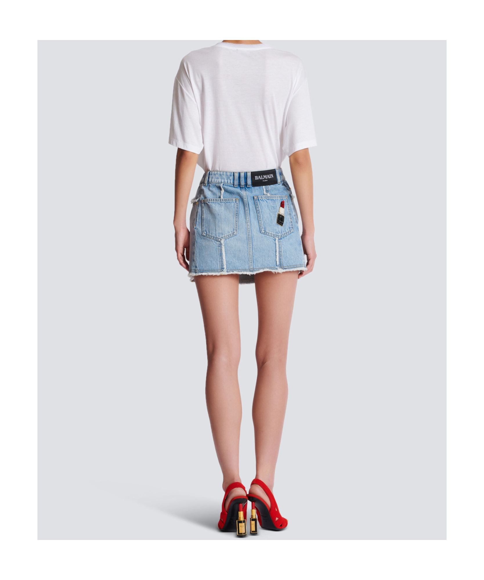 Shop Balmain Asymmetric Denim Skirt In Gray