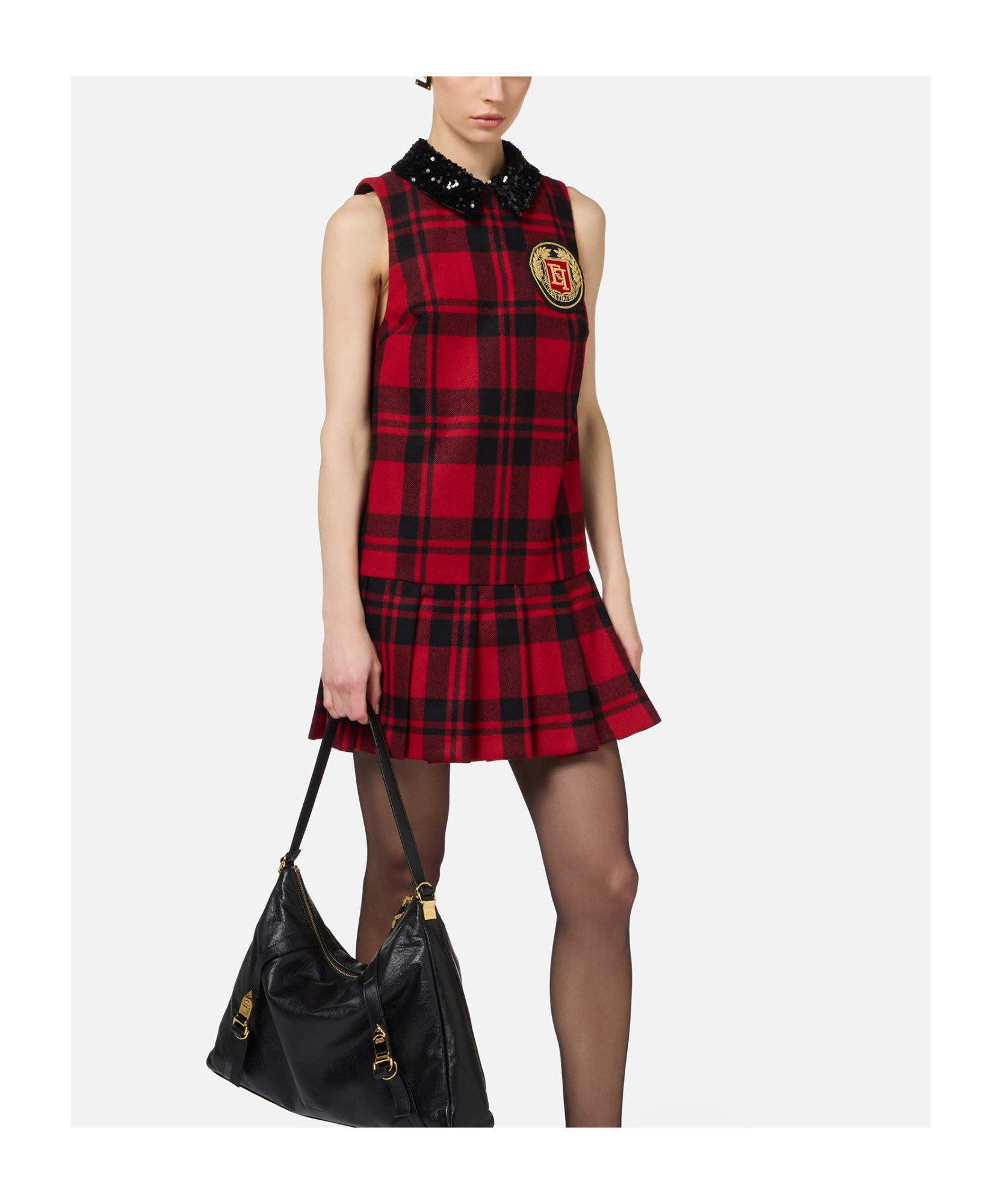 Elisabetta Franchi Red Wool Tartan Embroidered Patch Dress In Red
