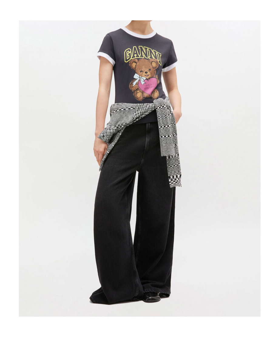 Ganni T-shirt With White Hems And Teddy Bear Print In Gray