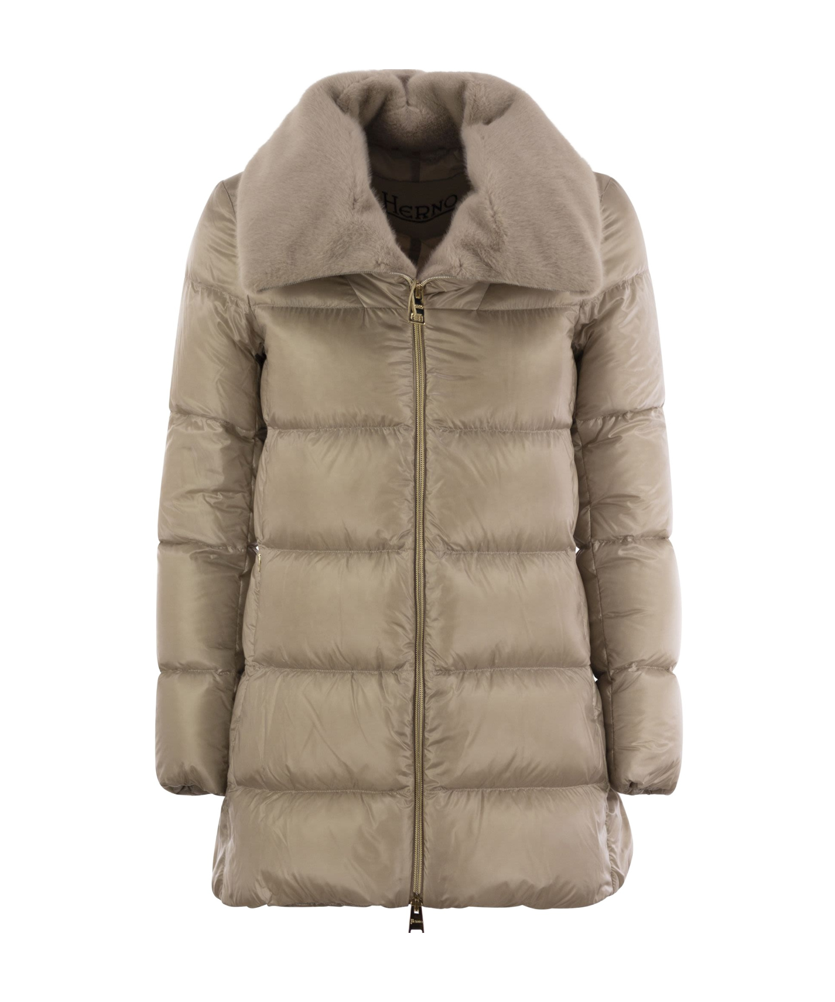 Herno Down Jacket With Cruelty Free Fur Details In Nude