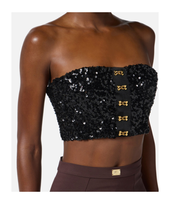 Elisabetta Franchi Top With Sequins And Jewel Clasps In Black