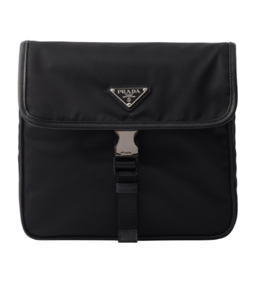 Prada Fabric Leather Shoulder Bag Adjustable Strap Front Flap In Black