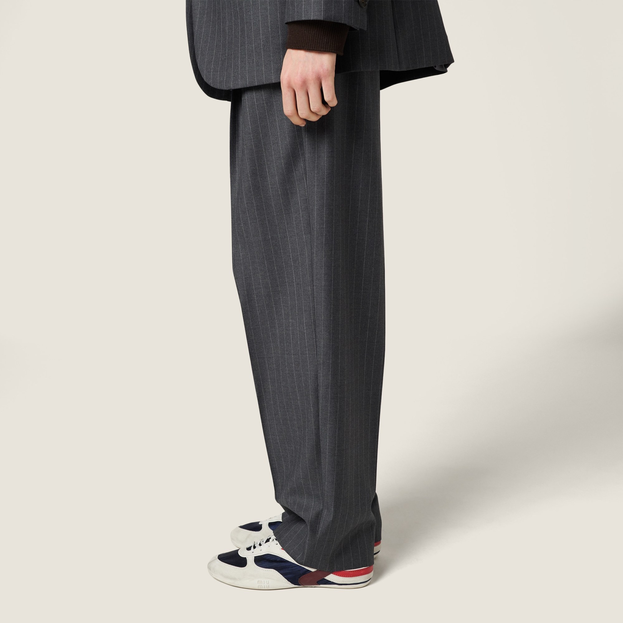 Miu Miu Pinstripe Pleated Wide-leg Drawstring Pants In Blue