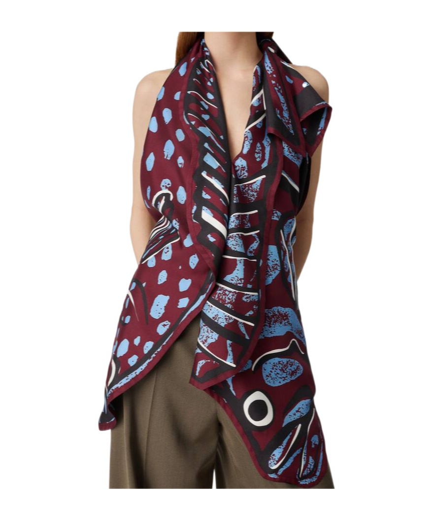 Shop Bottega Veneta Silk Twill Printed Top In Black Cherry/navy Blue
